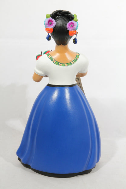 Lupita Doll Apple Basket Royal Blue Skirt Ceramic Mexican Folk Art