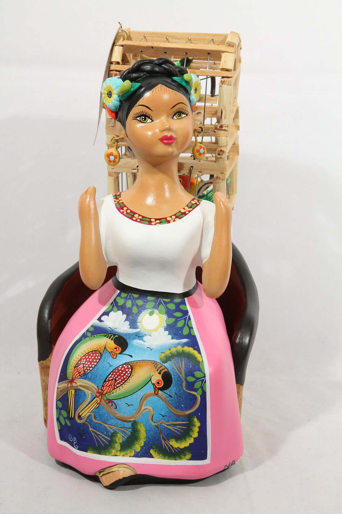Lupita Najaco Doll/Figurine Sitting w Bird Cage Mexican Pink Skirt