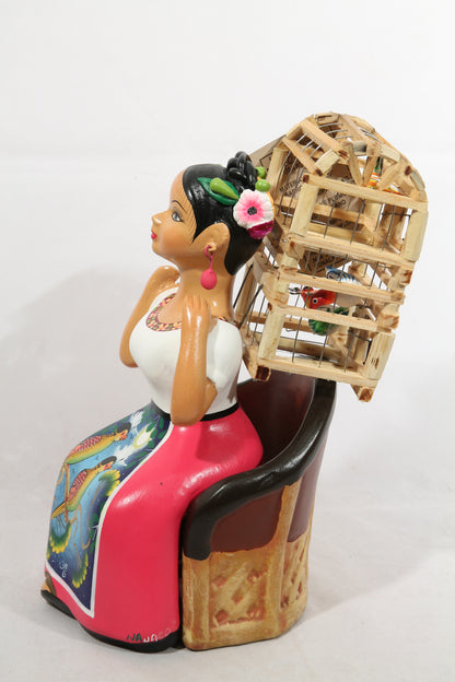 Lupita Najaco Doll/Figurine Sitting w Bird Cage Mexican Fuchsia Skirt