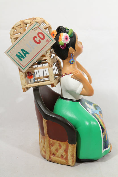Lupita Najaco Doll/Figurine Sitting w Bird Cage Mexican Green Skirt
