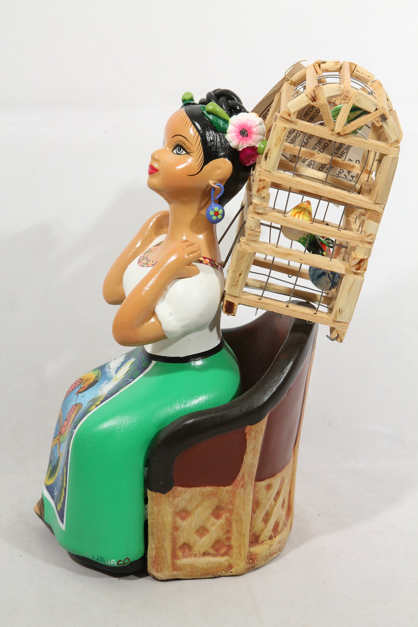 Lupita Najaco Doll/Figurine Sitting w Bird Cage Mexican Green Skirt