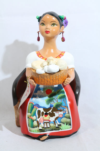 Lupita Ceramic Figurine Chair/Cheese Basket Mexican Folk Art Red Skirt
