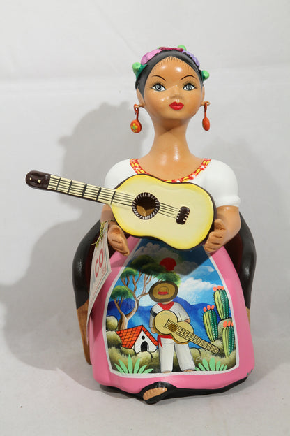 Lupita Doll Ceramic Mexican Folk Art Sitting Guitar Pink Dress