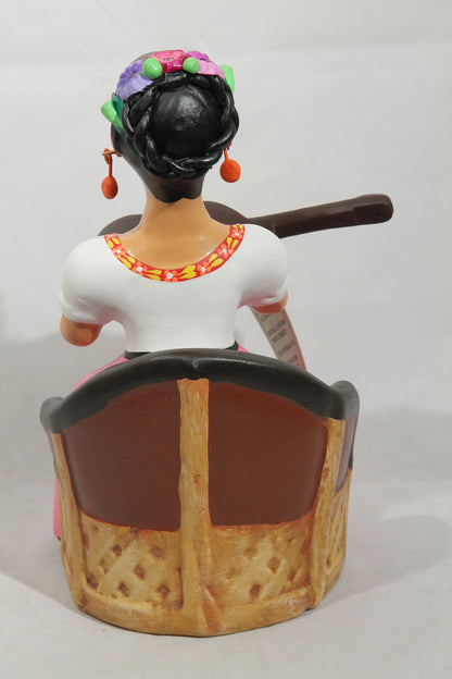 Lupita Doll Ceramic Mexican Folk Art Sitting Guitar Pink Dress
