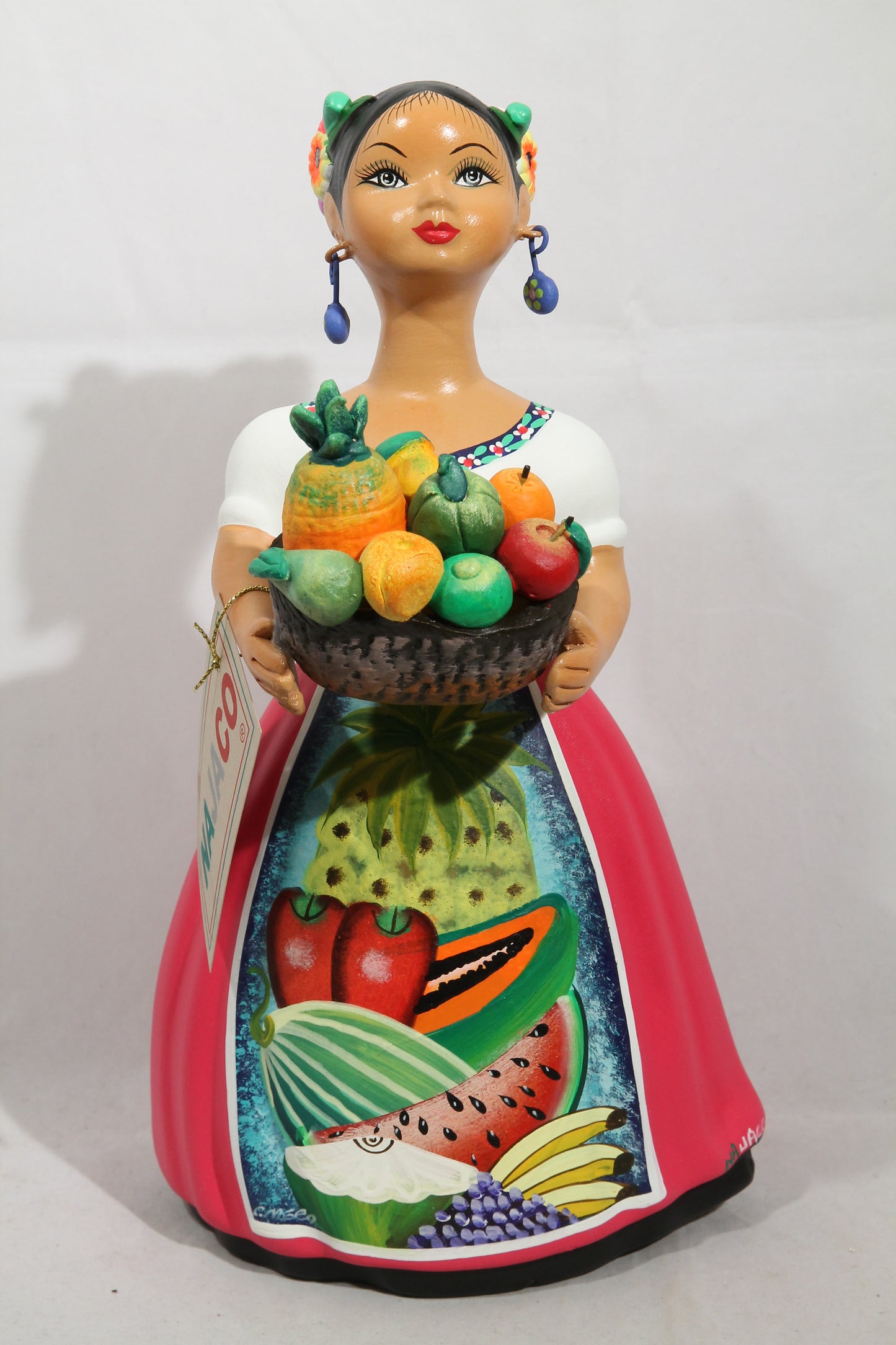 Lupita Doll Basket Fresh Fruit Fuchsia Skirt Ceramic Mexican Folk Art