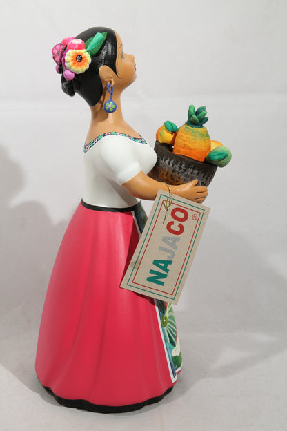 Lupita Doll Basket Fresh Fruit Fuchsia Skirt Ceramic Mexican Folk Art