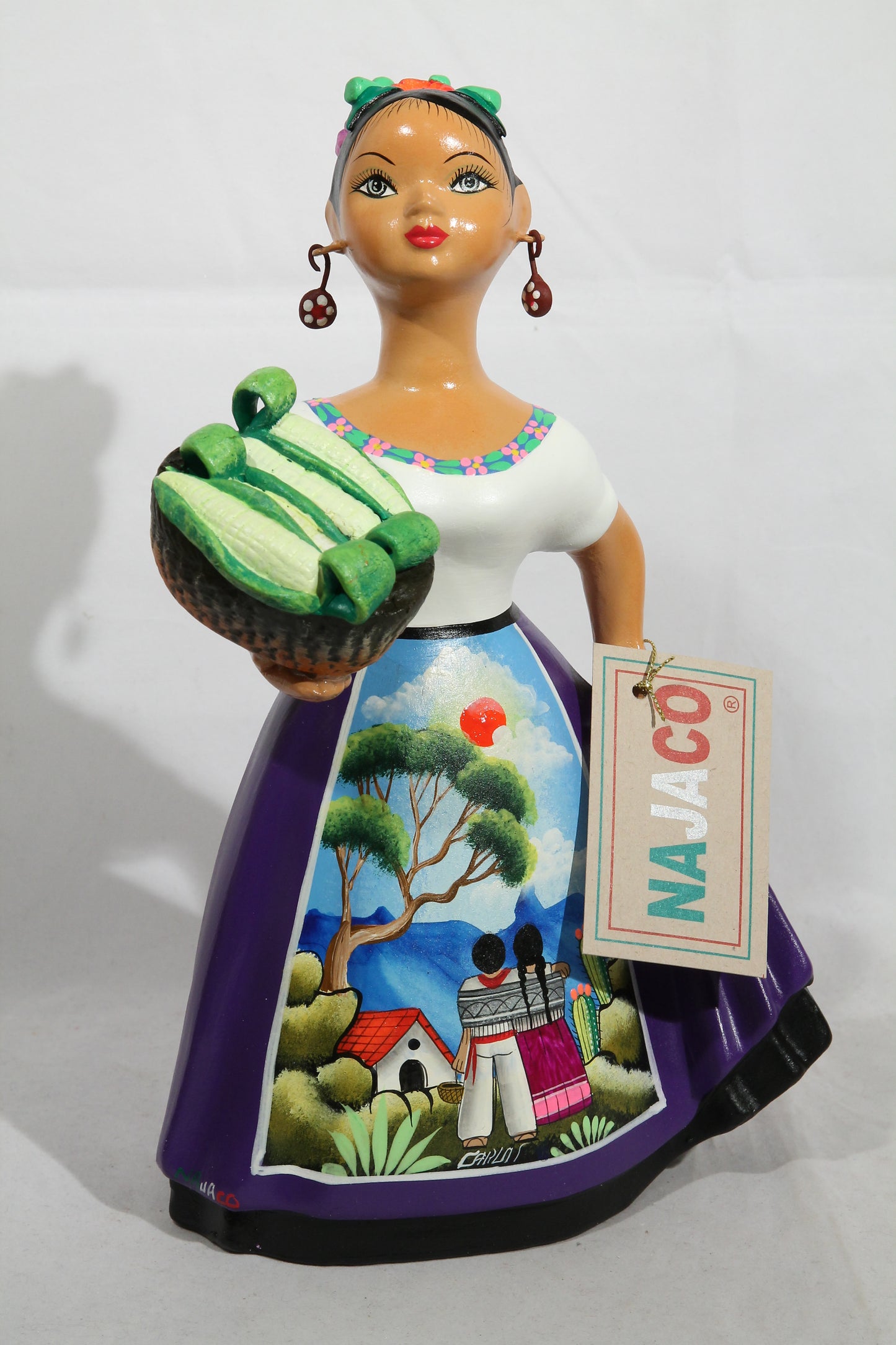 Lupita NAJACO Ceramic Doll Corn Basket Espanola Plum Mexican Folk Art