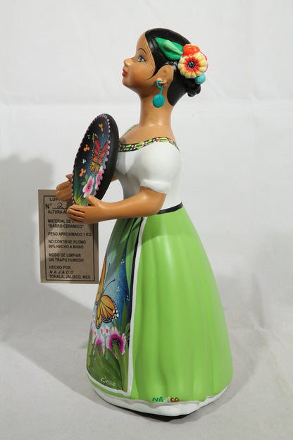 Lupita Doll Butterfly Platter Lime Green Ceramic Mexican Folk Art