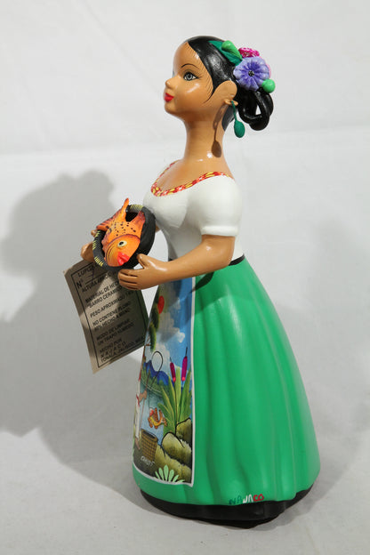 Lupita NAJACO Ceramic Doll/Figurine Mexican Folk Art Platter w Fish Decor Green