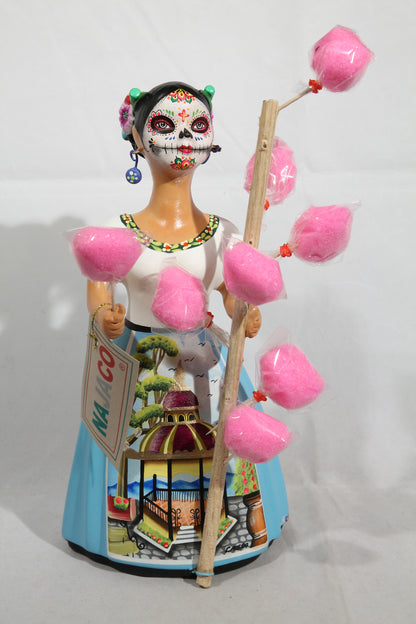 Day of the Dead Cotton Candy Seller Lupita Doll Aqua Skirt Ceramic Mexican