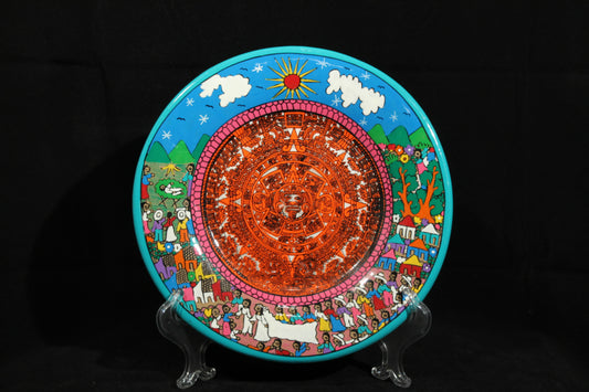 Ceramic Platter, Aztec Calendar and Village Life Scenes