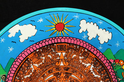 Ceramic Platter, Aztec Calendar and Village Life Scenes
