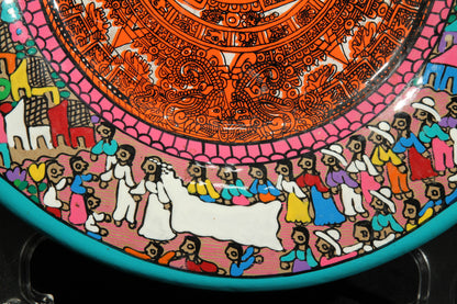 Ceramic Platter, Aztec Calendar and Village Life Scenes