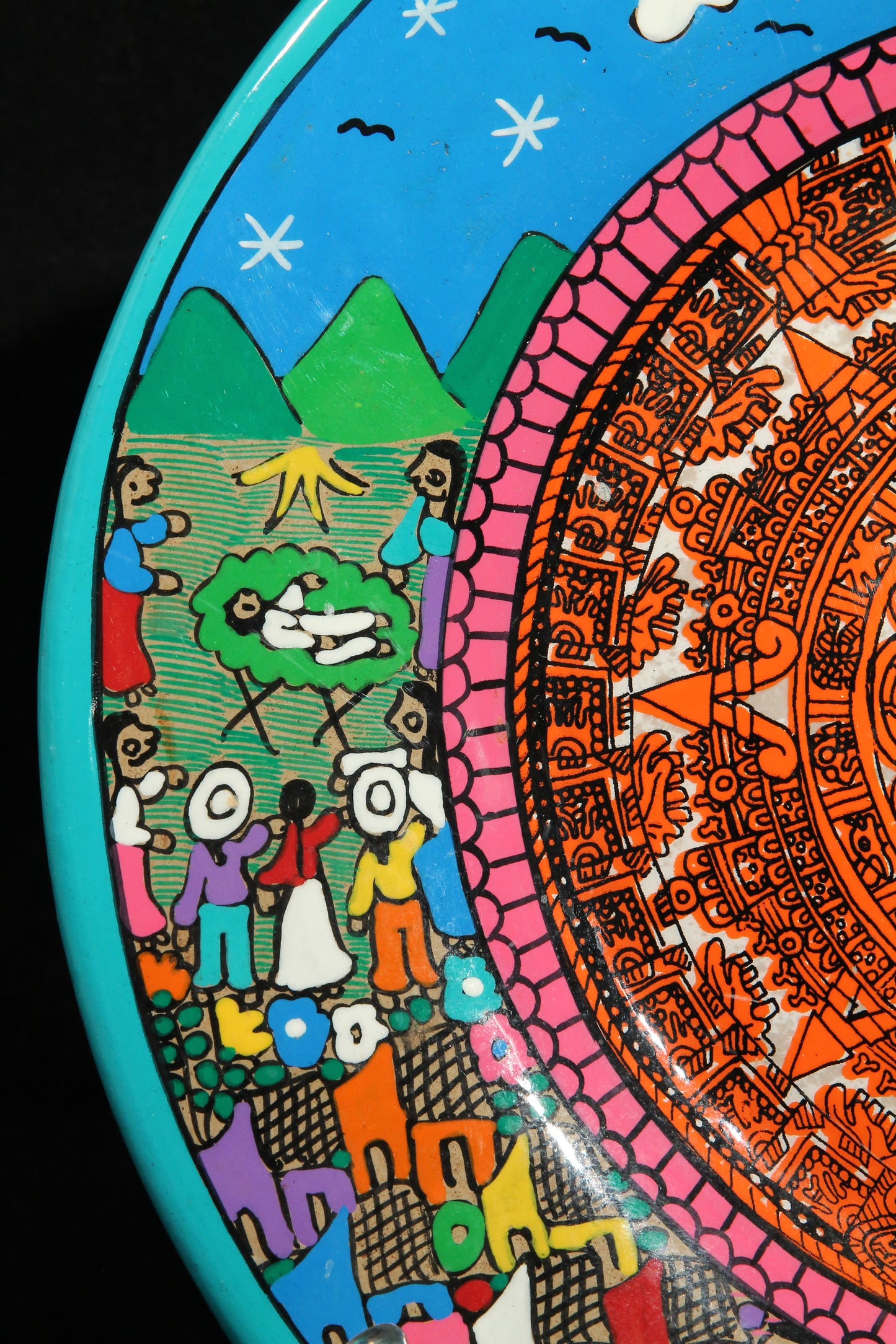 Ceramic Platter, Aztec Calendar and Village Life Scenes