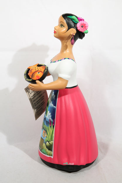 Lupita Najaco Ceramic Doll/Figurine Plate of Fish Mexico Folk Art Fuschsia