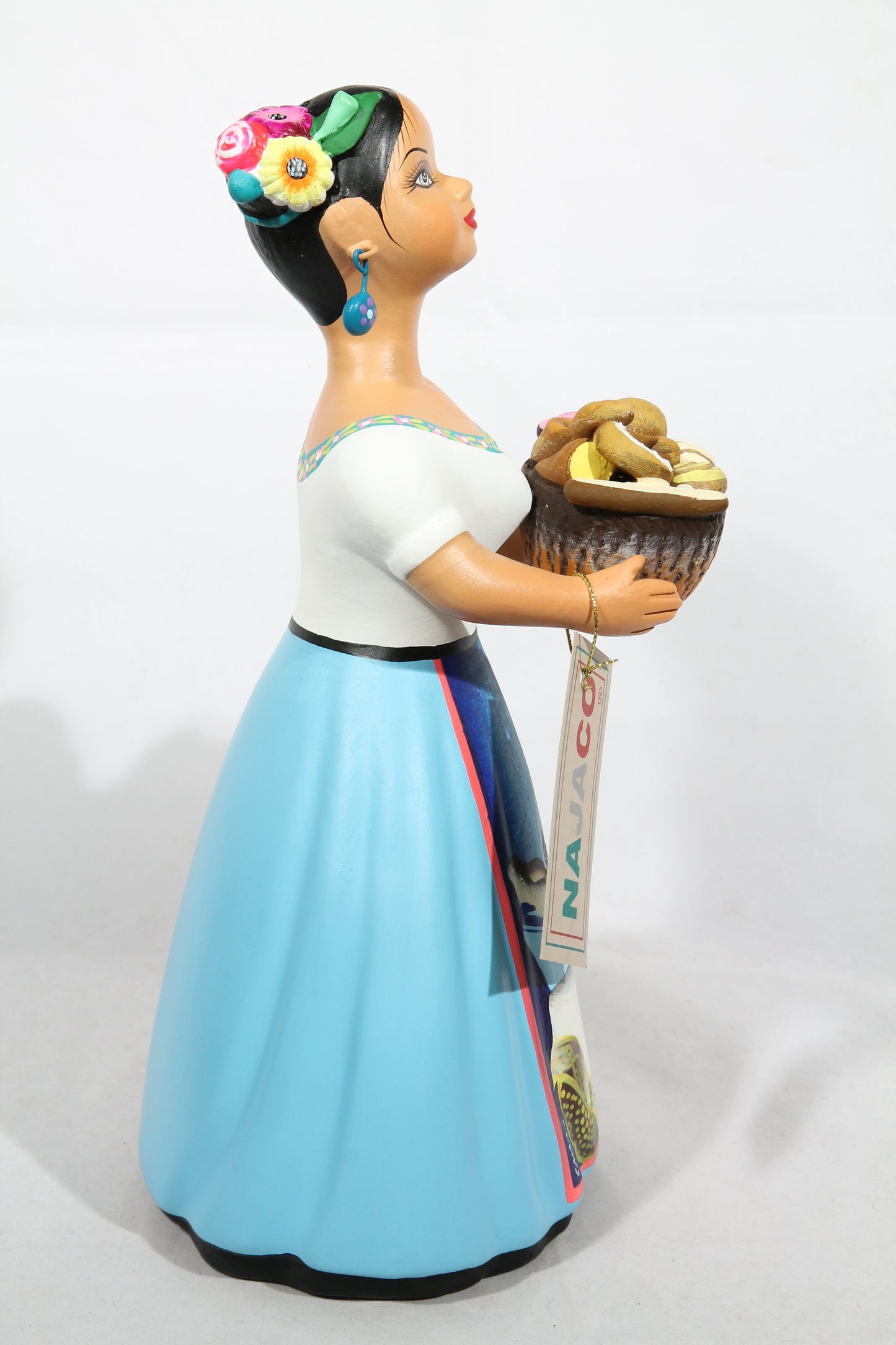Lupita Doll Ceramic Mexican Folk Art Sweet Bread Basket Sky Blue
