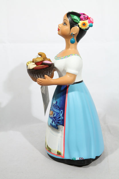 Lupita Doll Ceramic Mexican Folk Art Sweet Bread Basket Sky Blue