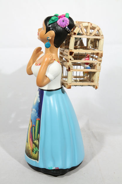Lupita Doll Back Bird Cage Aqua Dress Ceramic Mexican Folk Art