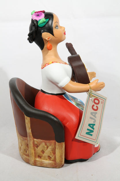 Lupita Doll Ceramic Mexican Folk Art Sitting Guitar Red Skirt #2