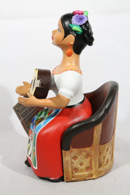 Lupita Doll Ceramic Mexican Folk Art Sitting Guitar Red Skirt #2
