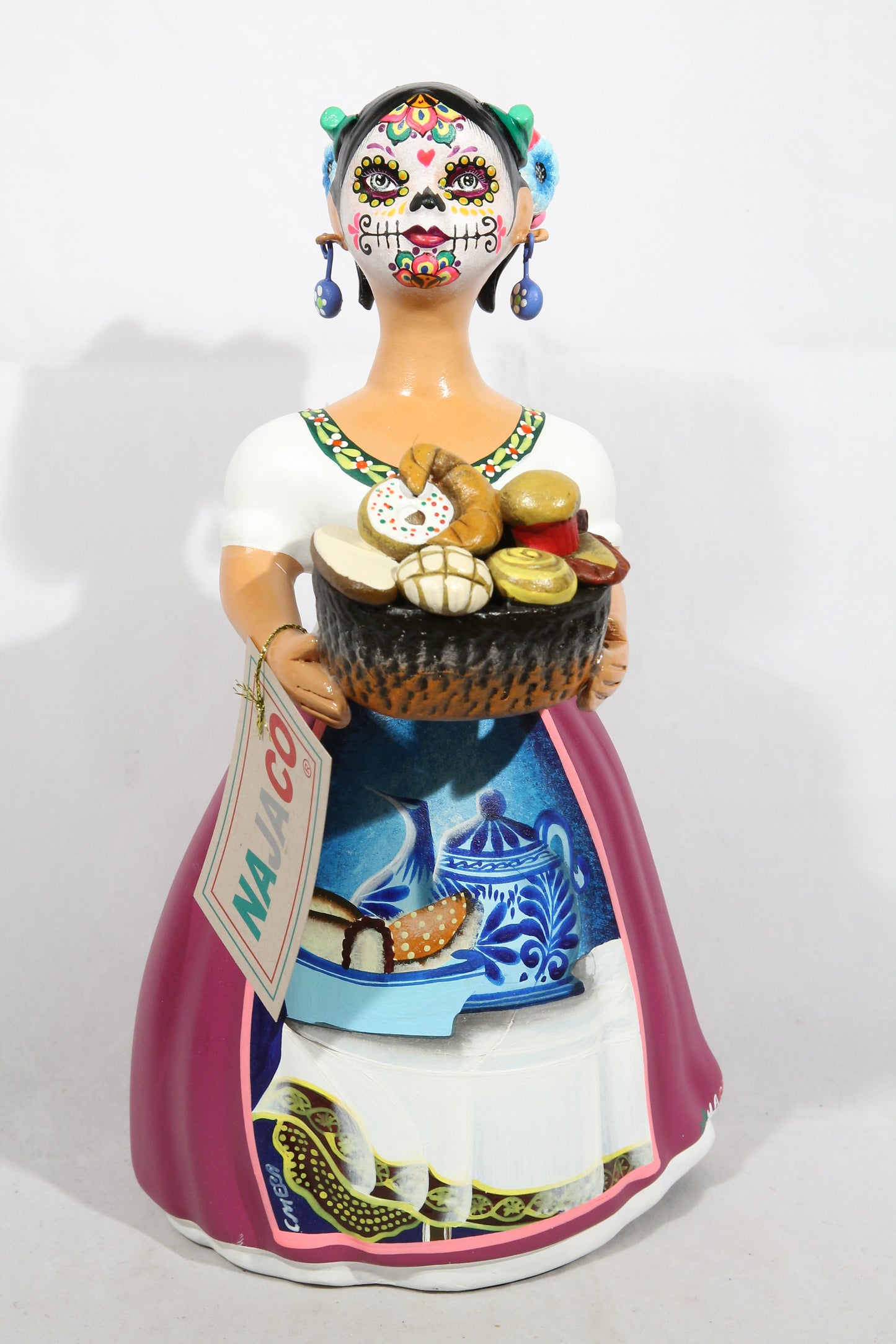 Day of the Dead Lupita Doll Sweet Bread Basket Purple Ceramic Mexican