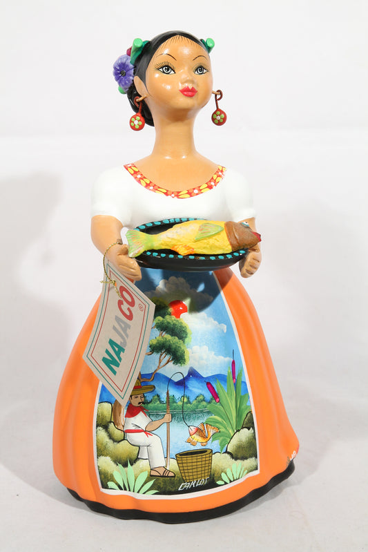 Lupita Doll NAJACO W Plate of Fish Orange Dress Ceramic Mexican #2