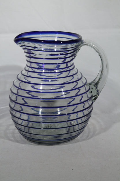 Cobalt Blue Rim Spiral Ball Shaped Glass Pitcher Mexican Glassware