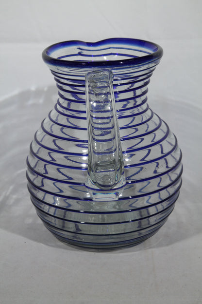 Cobalt Blue Rim Spiral Ball Shaped Glass Pitcher Mexican Glassware