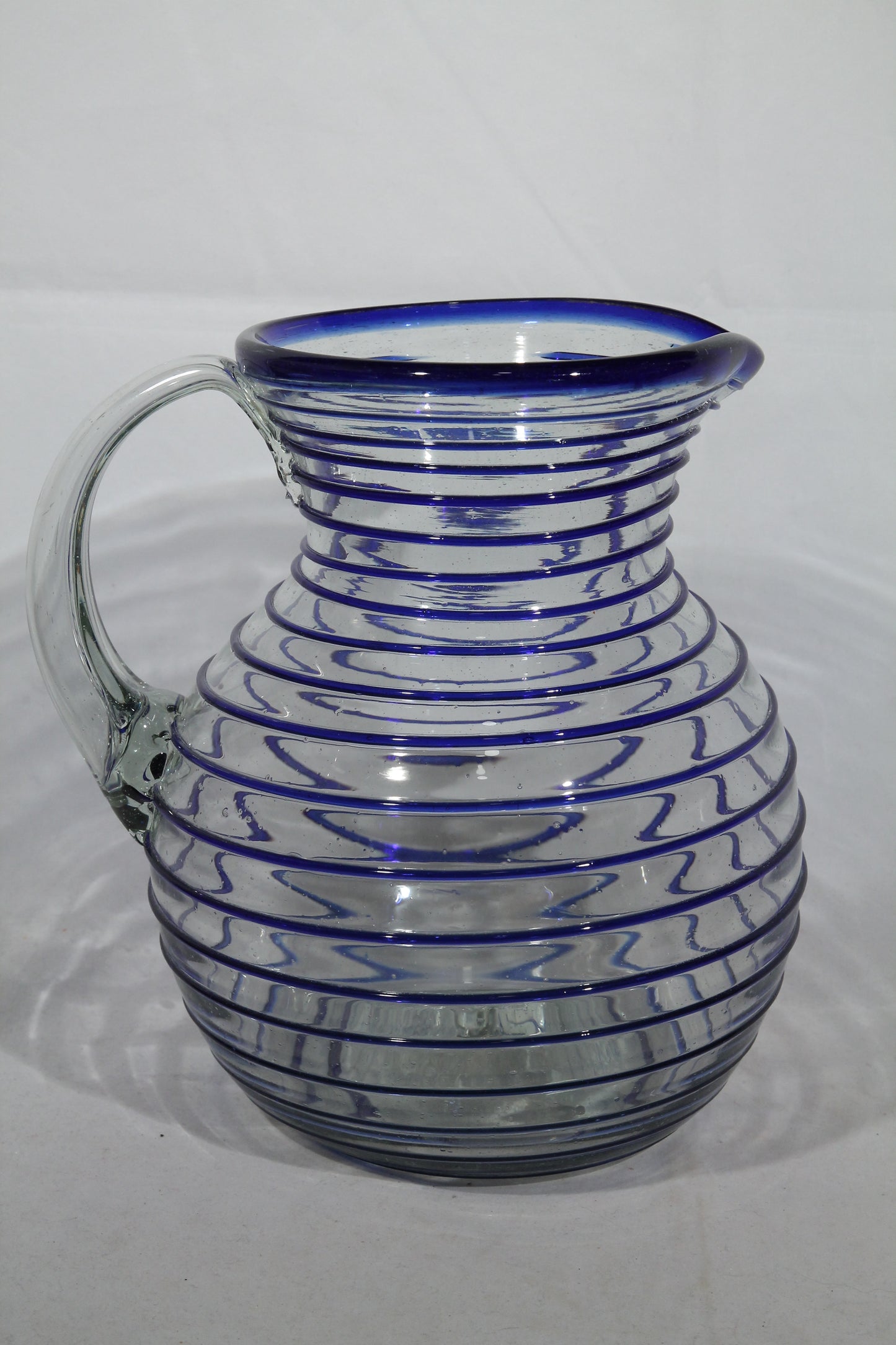 Cobalt Blue Rim Spiral Ball Shaped Glass Pitcher Mexican Glassware