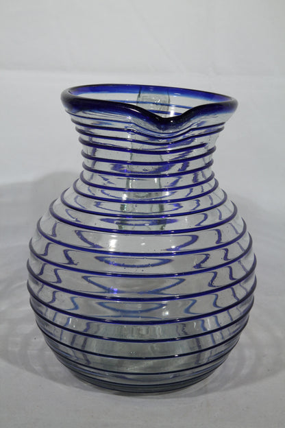 Cobalt Blue Rim Spiral Ball Shaped Glass Pitcher Mexican Glassware