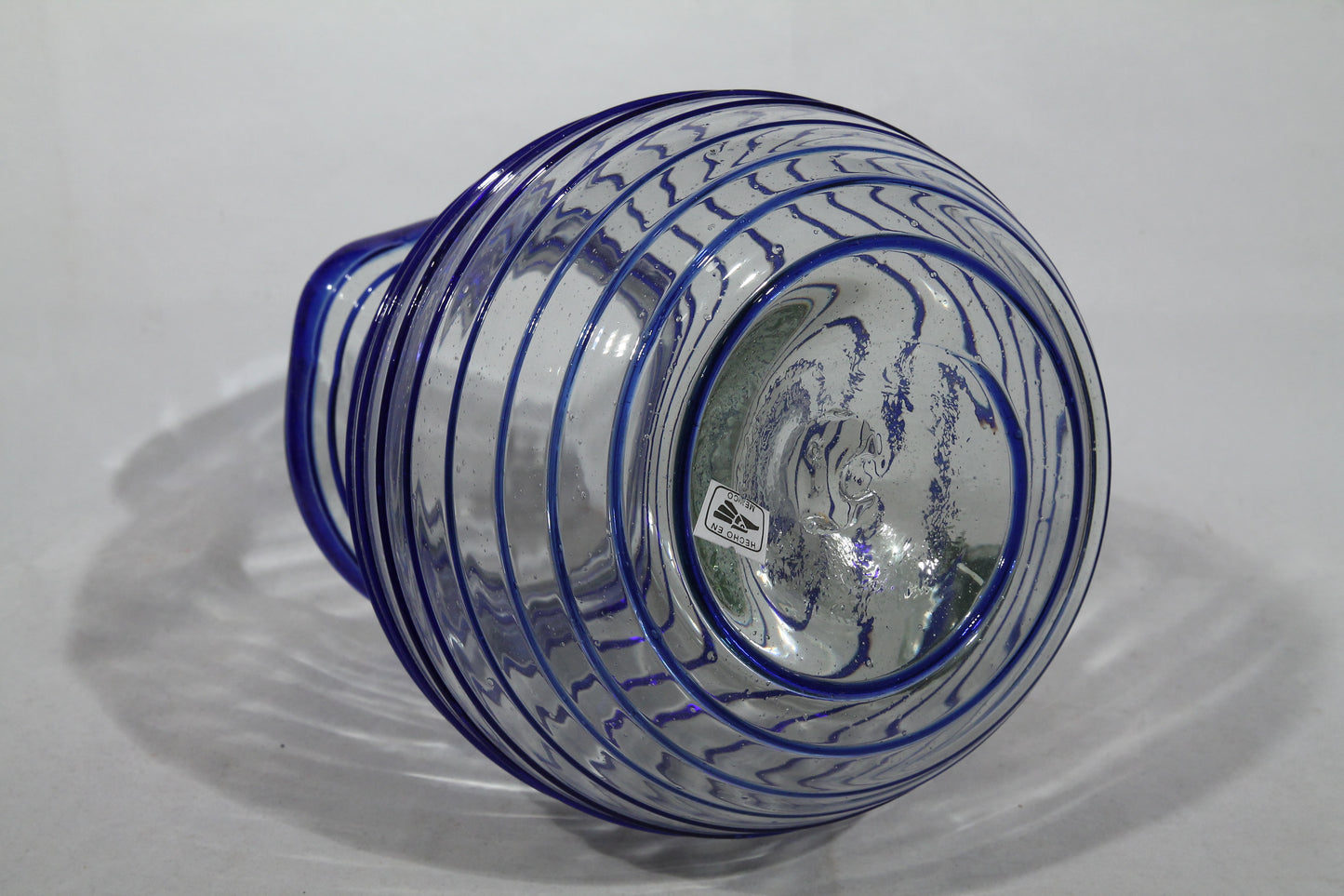Cobalt Blue Rim Spiral Ball Shaped Glass Pitcher Mexican Glassware