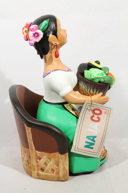 Lupita Ceramic Sitting Doll Mexico Folk Art Basket Vegetables Green #2