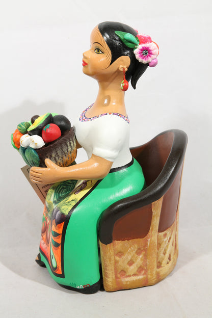 Lupita Ceramic Sitting Doll Mexico Folk Art Basket Vegetables Green #2