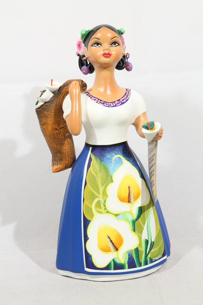 Lupita NAJACO Ceramic Doll Mexican folk Art Lilies Bag Royal Blue