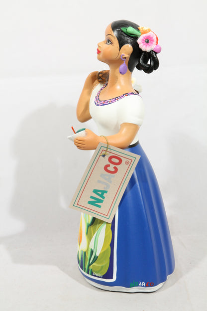 Lupita NAJACO Ceramic Doll Mexican folk Art Lilies Bag Royal Blue
