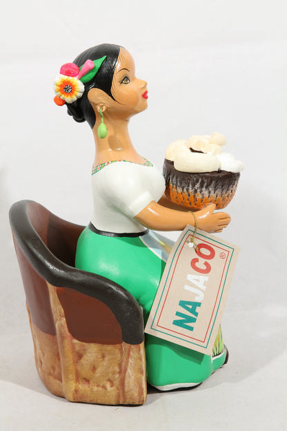 Lupita Najaco Ceramic Doll/Figurine Green Sitting Cheese Basket Mexican Folk Art