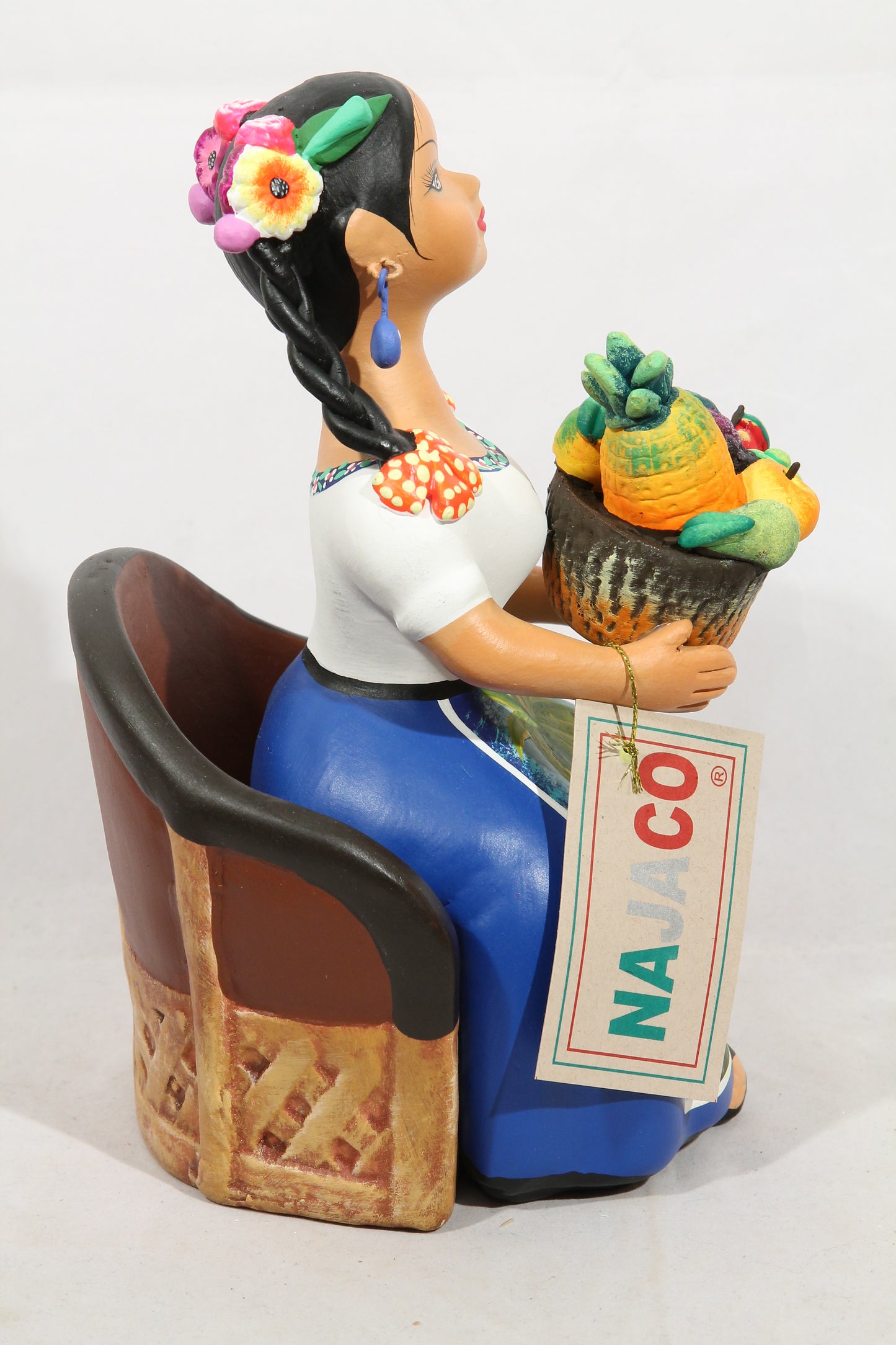 Lupita Doll Sitting Fruit Basket Royal Blue Skirt Ceramic Mexican Folk Art