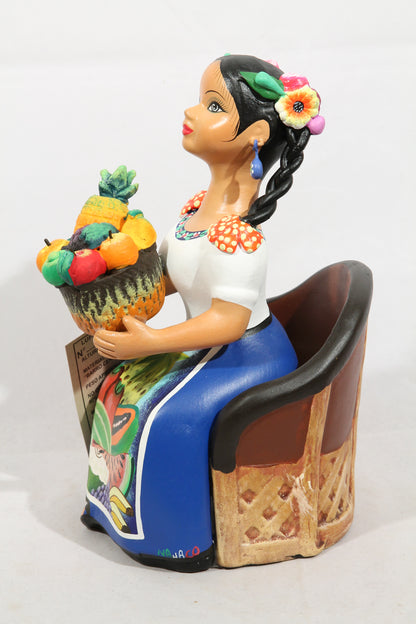 Lupita Doll Sitting Fruit Basket Royal Blue Skirt Ceramic Mexican Folk Art