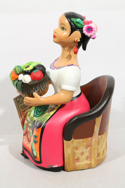 Lupita Doll Basket Vegetables Sitting Fuchsia Mexican Ceramic #2