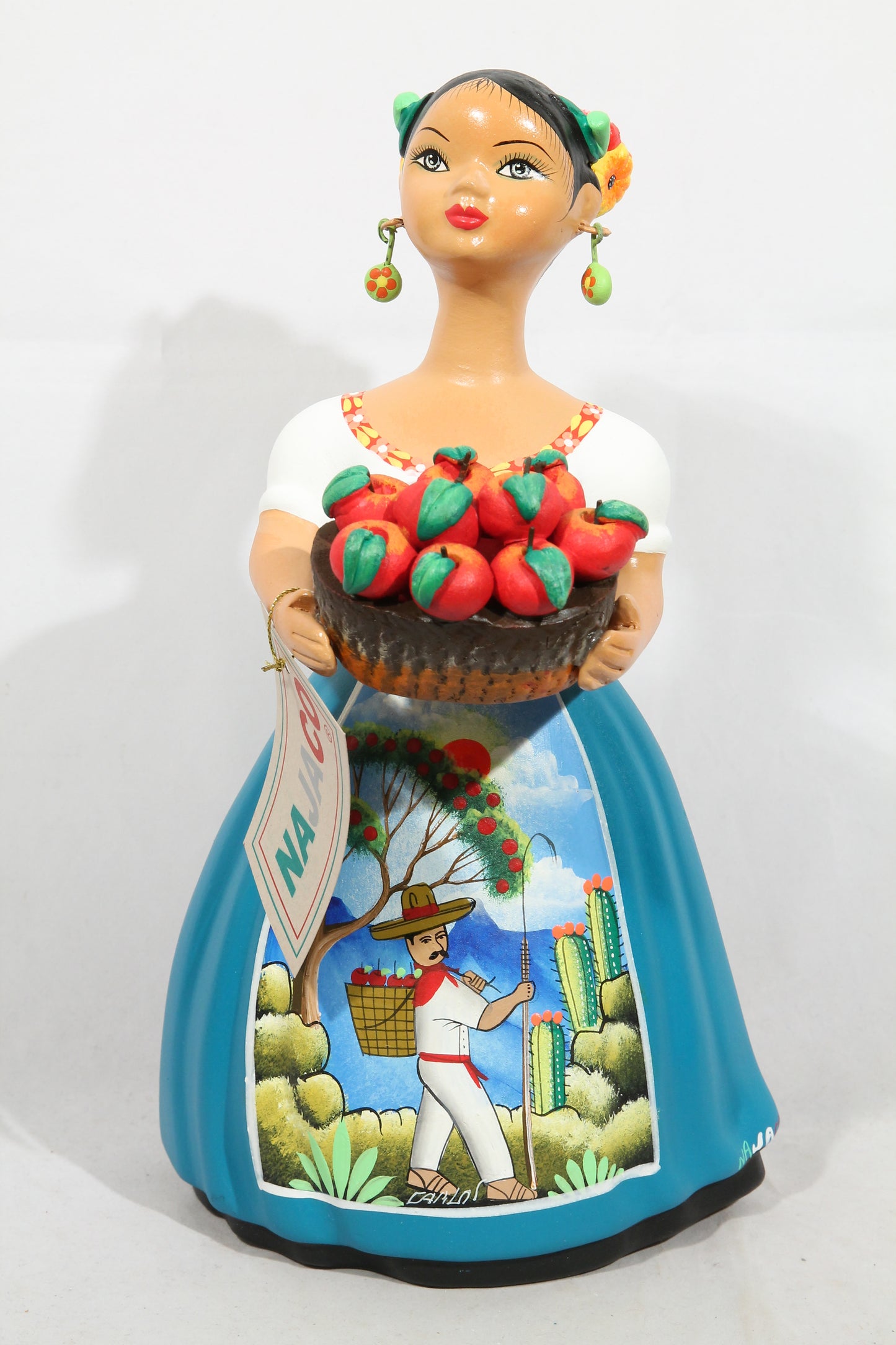 Lupita Najaco Ceramic Doll Apple Basket Teal Mexican Folk Art