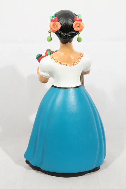 Lupita Najaco Ceramic Doll Apple Basket Teal Mexican Folk Art
