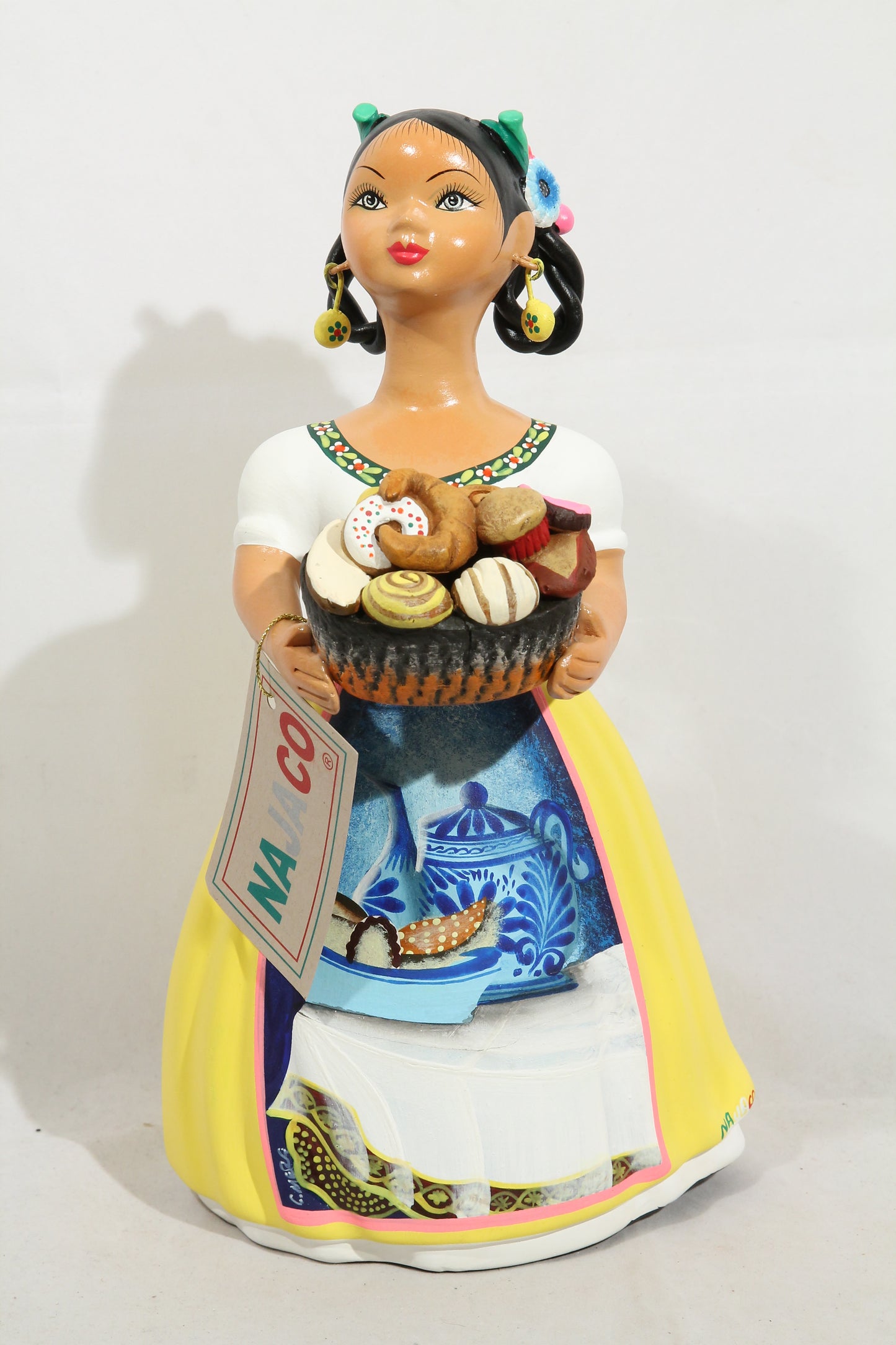 Lupita Doll Sweet Bread Basket Yellow Ceramic Mexican Folk Art #2