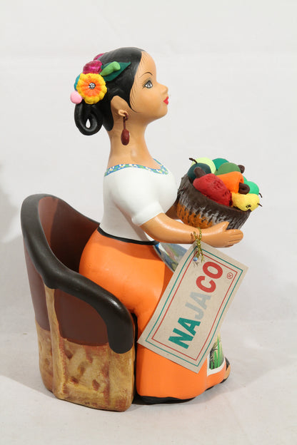 Lupita Doll Sitting Chilies Basket Mexican NAJACO Ceramic Art Orange