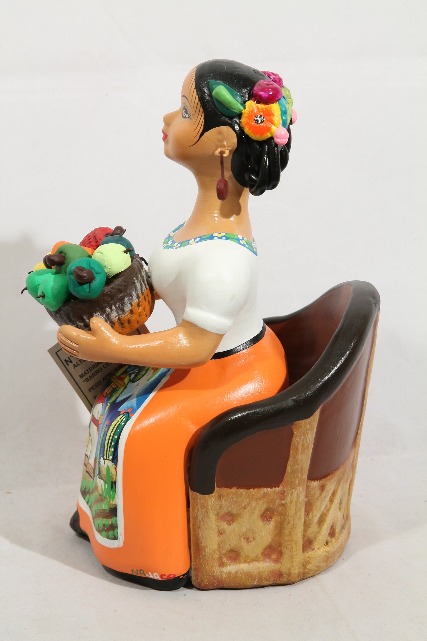 Lupita Doll Sitting Chilies Basket Mexican NAJACO Ceramic Art Orange