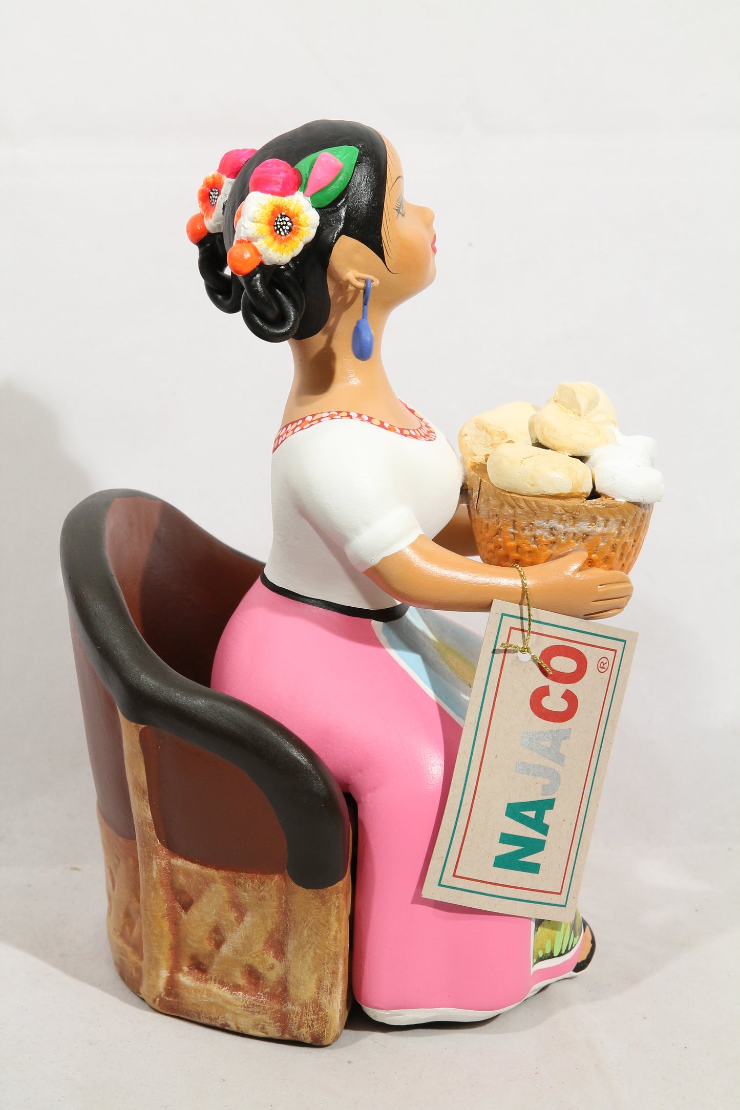 Lupita Ceramic Figurine Chair/Cheese Basket Mexican Folk Art Pink