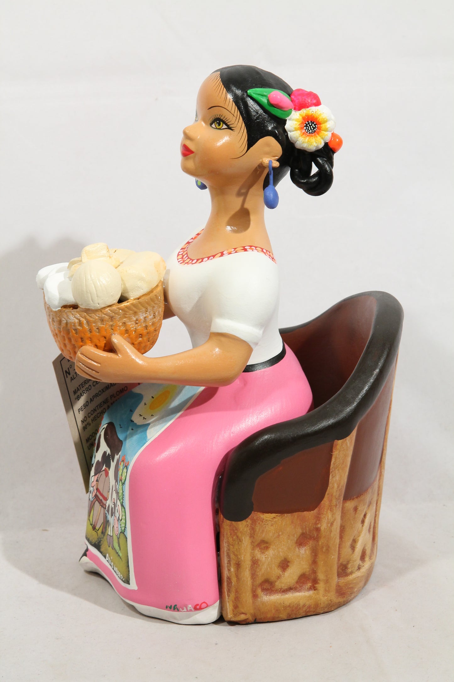 Lupita Ceramic Figurine Chair/Cheese Basket Mexican Folk Art Pink