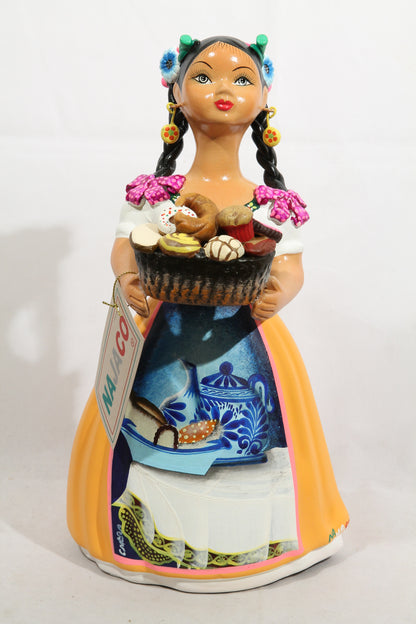 Lupita NAJACO Sweet Bread Basket Mustard Ceramic Doll Mexican Folk Art