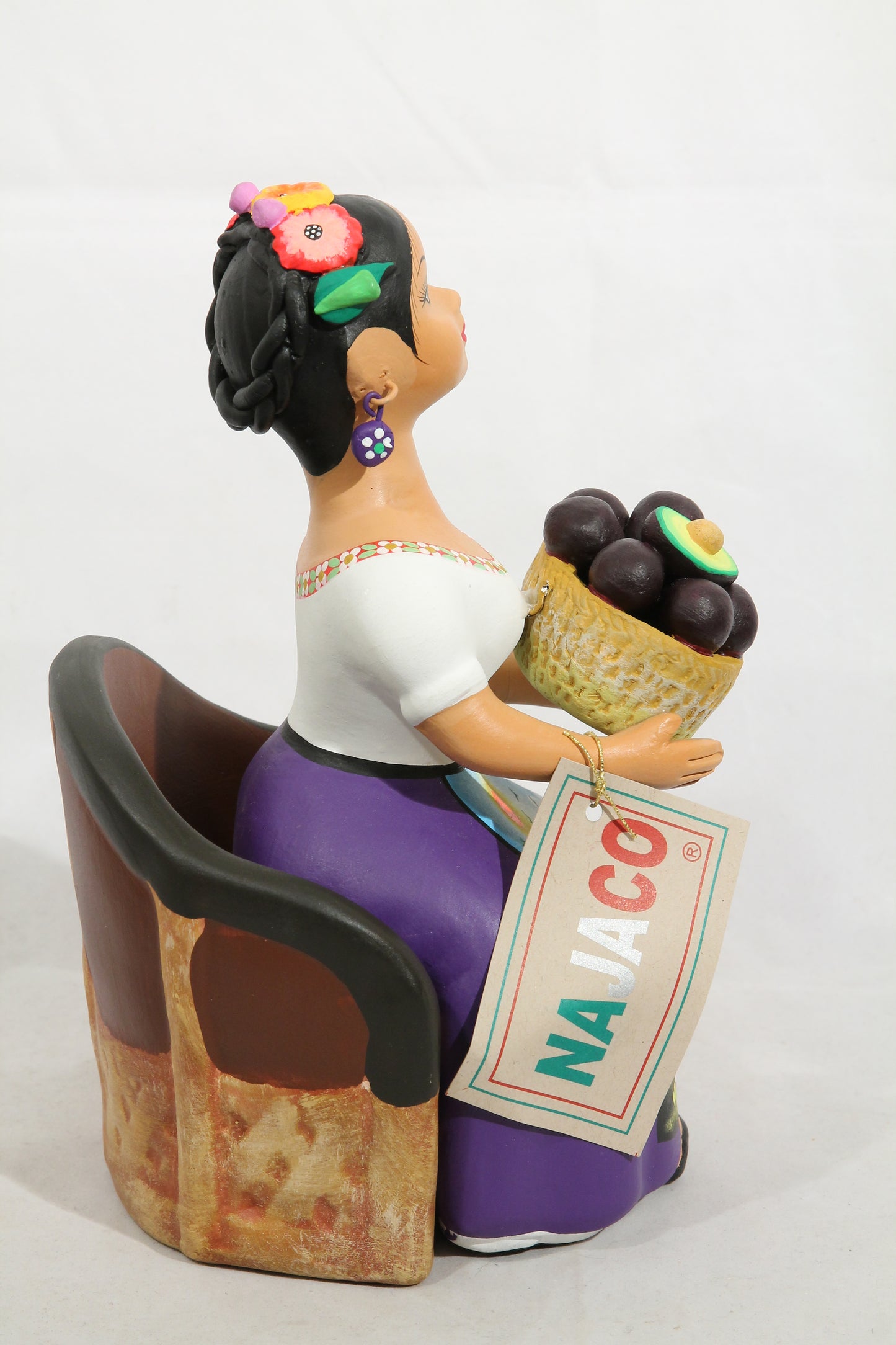 Lupita Najaco Ceramic Figurine on Chair/Basket/Avocados Décor Plum