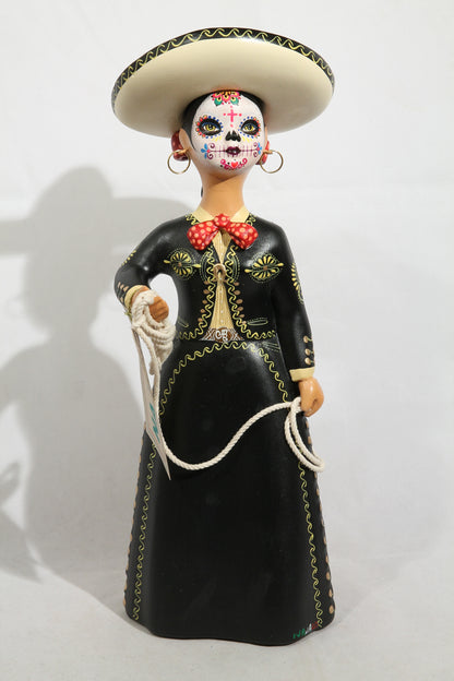 Charra/Day of the Dead Najaco Lupita Doll Ceramic Mexican Folk Art Blk