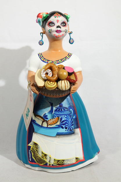 Lupita NAJACO Ceramic Doll Catrina/Day of the Dead Sweet Bread Basket Teal #2